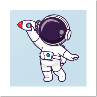 Cute Astronaut Playing Rocket Toy Cartoon Posters and Art